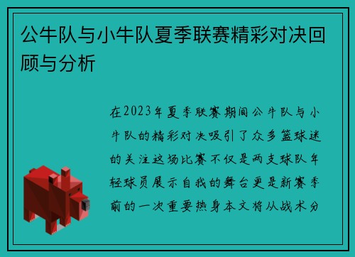 公牛队与小牛队夏季联赛精彩对决回顾与分析